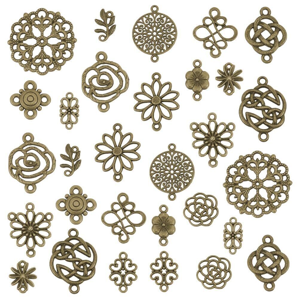5357 150PCS Flower Connector Charms - 15 Styles Antique Bronze Alloy